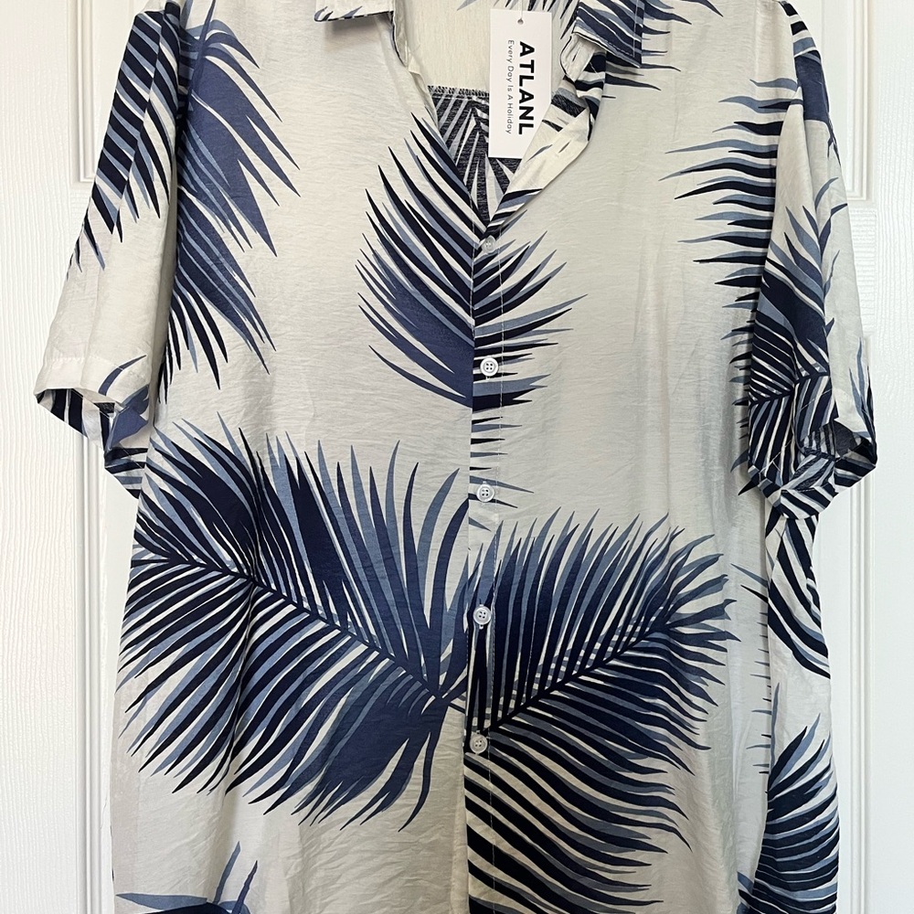 Navy Blue Palm Leaf Casual Button Down Shirt
